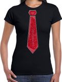 Bellatio Decorations Verkleed shirt dames - stropdas glitter rood - zwart - carnaval - foute party L