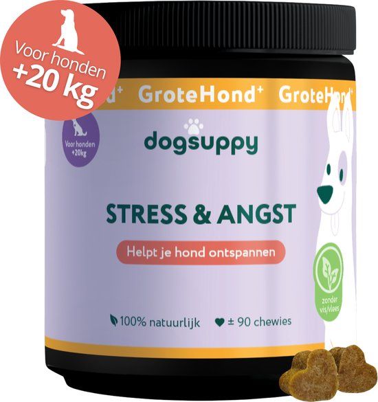 DogSuppy GroteHond⁺ Stress & Angst - Zonder vlees - Kalmerend & Stressverlagend - 100% Natuurlijk - 90 snoepjes - Kalmeringsmiddel Honden - Overmatig blaffen, Trillen, Onrust & Vuurwerkangst - Hennepzaadolie & L-Tryptofaan - Voor Grote honden +20kg