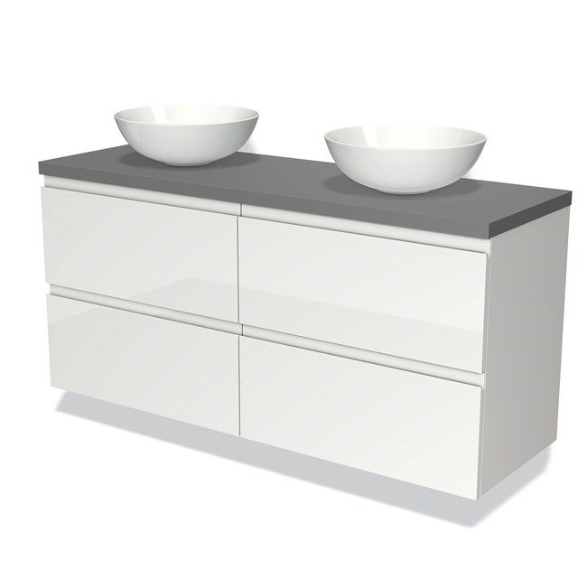 Maxaro Badkamermeubel Modulo Plato 140cm Hoogglans Wit 4 Lades Greeploos Middengrijs Blad