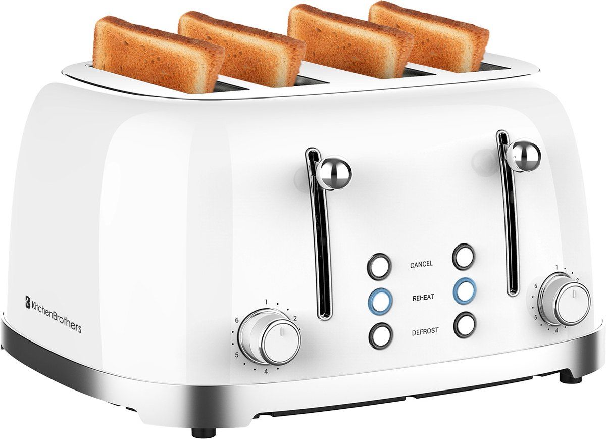 KitchenBrothers Retro Broodrooster - 6 Warmteniveaus - 4 Sneden - 4 Extra Brede Sleuven - BPA-vrij - 1630W - Reheat en Ontdooi-functie - Wit