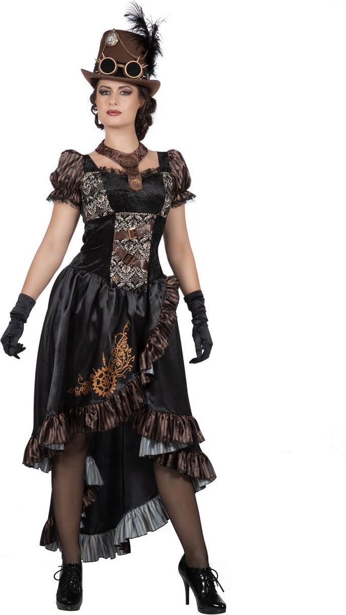 Wilbers Steampunk Kostuum | Zwart Glanzend Steampunk Met Tandwielen | Vrouw | Maat 48-50 | Carnaval kostuum | Verkleedkleding