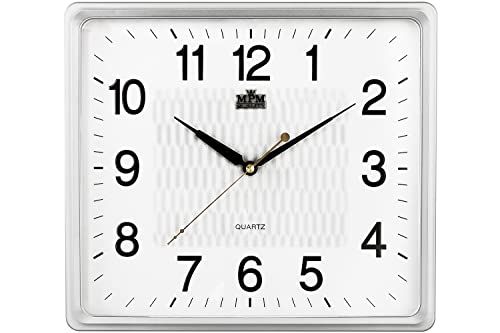 MPM Quality Vierkante Kunststof Wandklok Wit/Zilver - Kwartsuurwerk