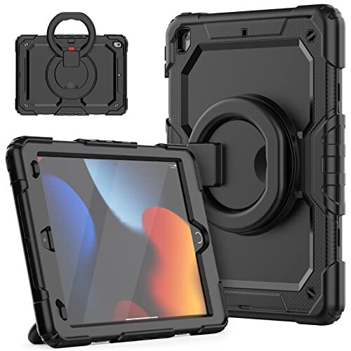HUEZOE Beschermhoes voor iPad 10,2 inch, model 2021/2020/2019, schokbestendig, voor het hele lichaam met 360 graden draaibare houder, schouderriem voor iPad 9/8/7, zwart
