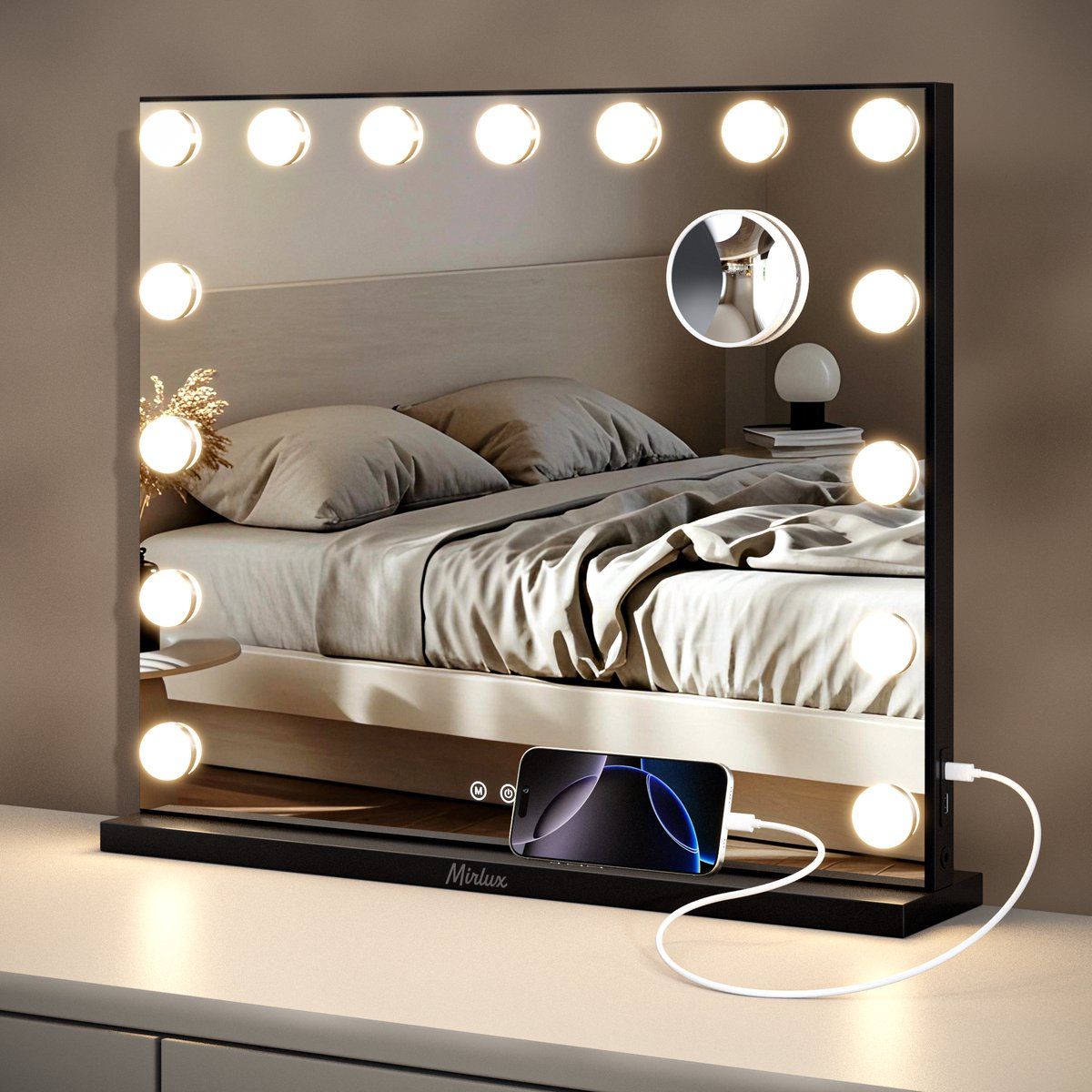 Mirlux Hollywood Spiegel 58x48CM - USB & USB-C oplaadpoort - 10x Zoom - 3 Dimbare lichtstanden - Make Up Spiegel - LED Verlichting - Zwart