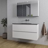 Saniclass Chaci Badkamermeubelset - 100x46x55cm - keramische wastafel zwart - 1 wasbak - zonder kraangaten - 2 lades - spiegelkast - mat wit