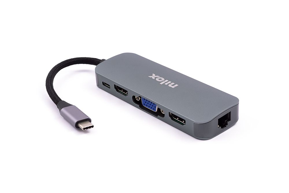 Nilox Docking Station - USB-C, HDMI, VGA, Ethernet, 3x USB 3.0 - Aluminium