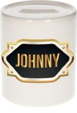 Bellatio Decorations Johnny Spaarpot - Wit - Goud/Zwart Embleem - 8 x 9 cm - Keramiek - Afsluitdop