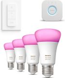 Philips Hue Starterspakket - E27 - met 4 Standaard Lampen - Wit en Gekleurd Licht - Incl. 1 Hue Bridge, 1 Hue Dimmer Switch - Hue White and Color Ambiance