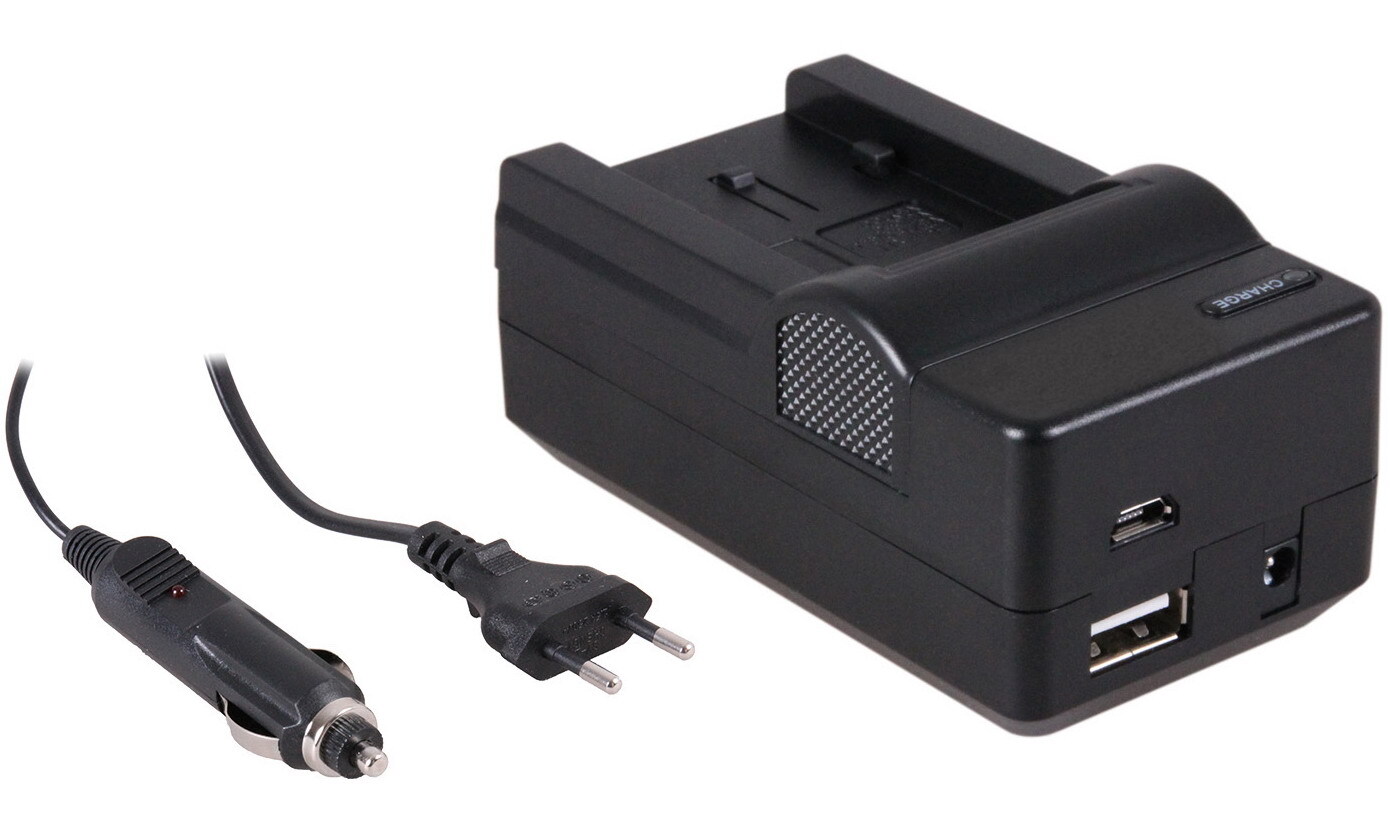 - (compatible) 4-in-1 acculader voor Panasonic VW-VBK180 / VW-VBK360 - compact en licht - laden via stopcontact, auto, USB en Powerbank