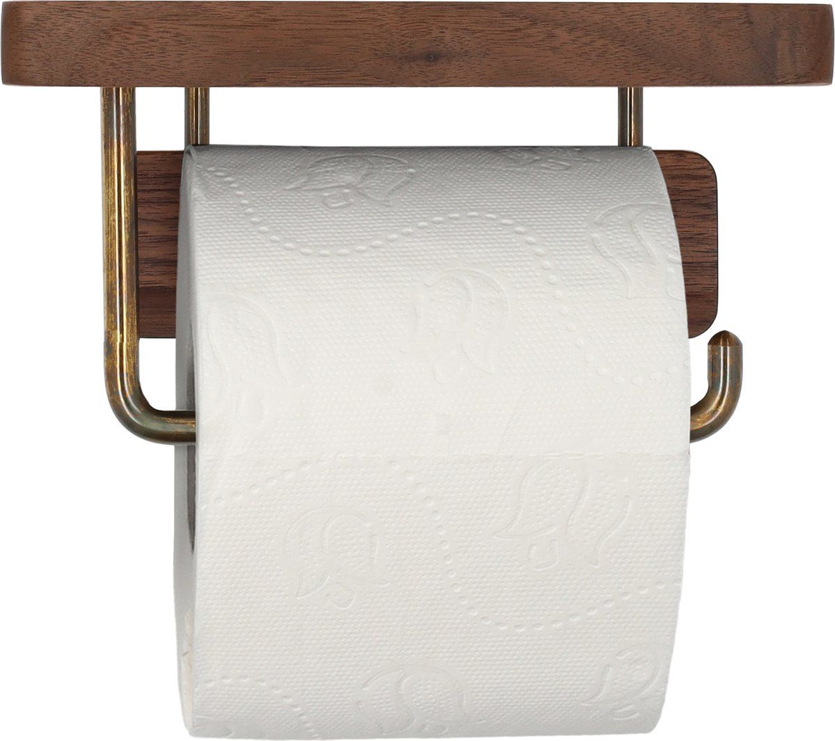 QUVIO Toiletrolhouder met plank - Hout/Metaal - Goud - 10 x 18 x 10 cm