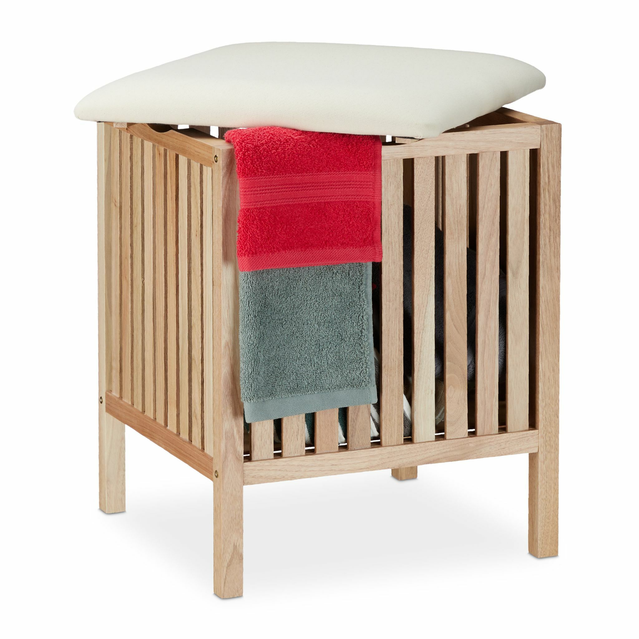 Relaxdays wasmand kruk - badkamerkruk met wasbox - 40 liter - hocker met opbergruimte - lichtbruin/wit