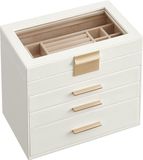 SONGMICS Boîte à bijoux avec couvercle en verre 4 niveaux 3 tiroirs pour lunettes de soleil, grands bijoux, rangement de bijoux, style moderne, blanc et or nuage