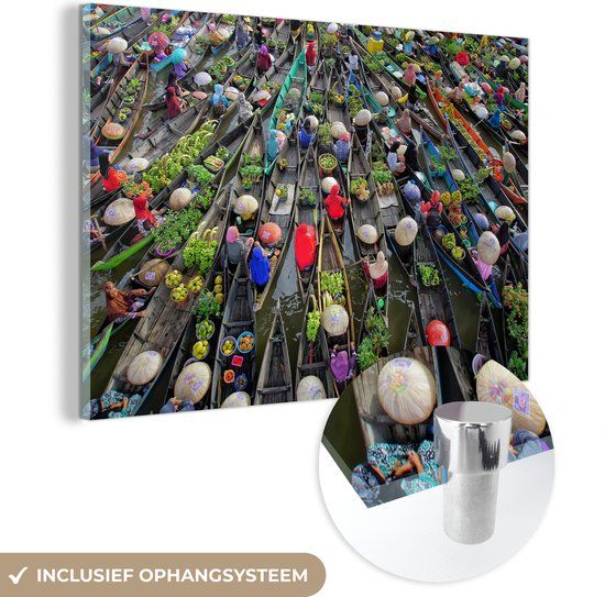 MuchoWow® Glass Painting 30x20 cm - Acrylic Glass Painting - Floating Market in Indonesia - Photo on Glass - Paintings