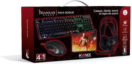 Konix Drakkar KX DK PACK 4 IN 1 ROGUE Toetsenbord Inclusief Muis Gamen USB AZERTY Frans Zwart
