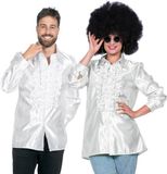 Wilbers Jaren 80 & 90 Kostuum | Witte Ruchesblouse Satijn Foute Disco | Maat 58