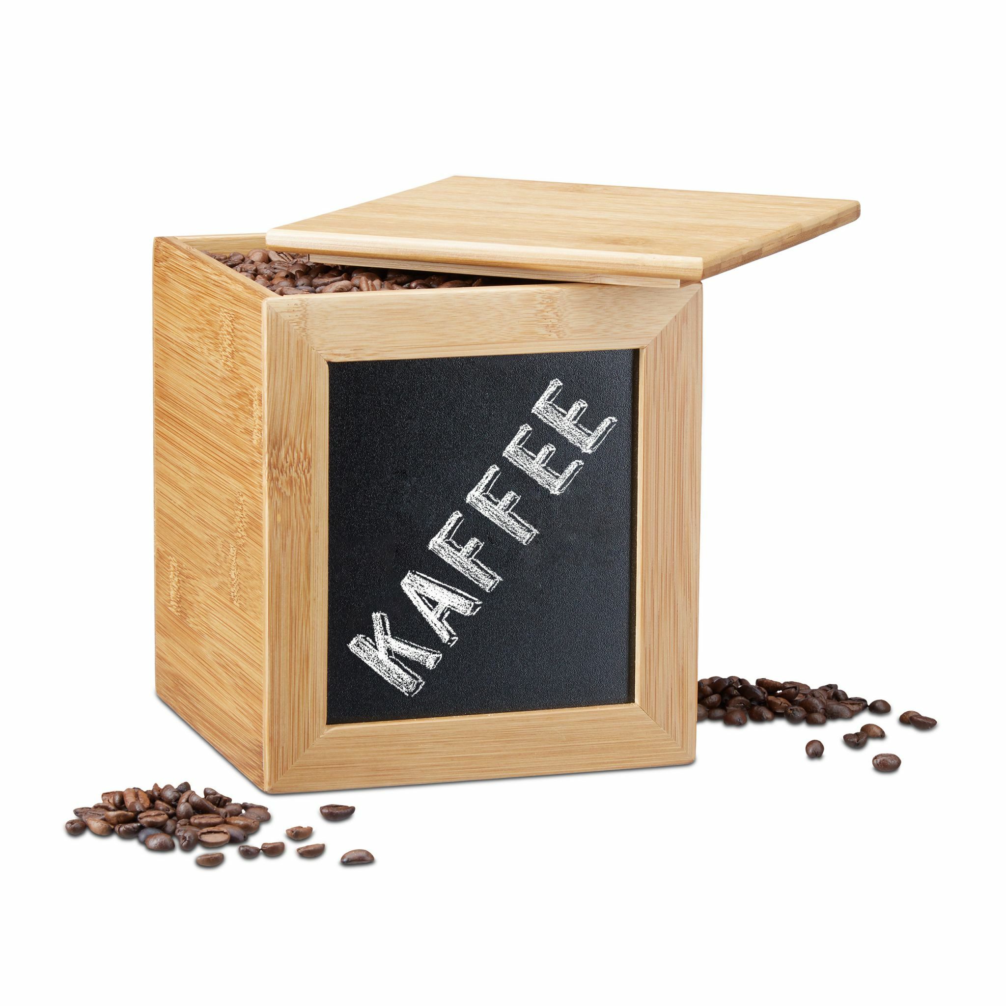 Relaxdays Theedoos met krijtbord - bamboe - 17 x 15,5 x 15,5 cm - lichtbruin/zwart