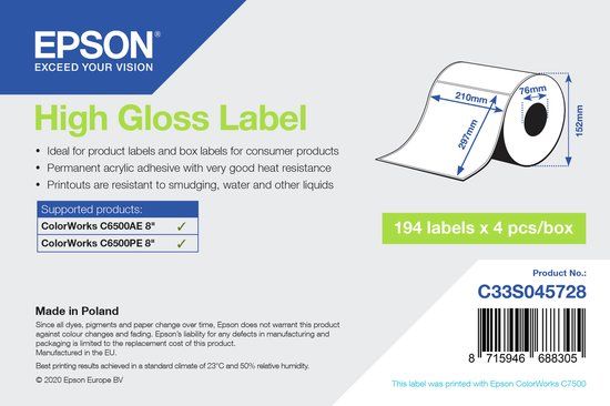 Epson High Gloss Label - Die-Cut Roll: 210mm x 297mm, 194 labels