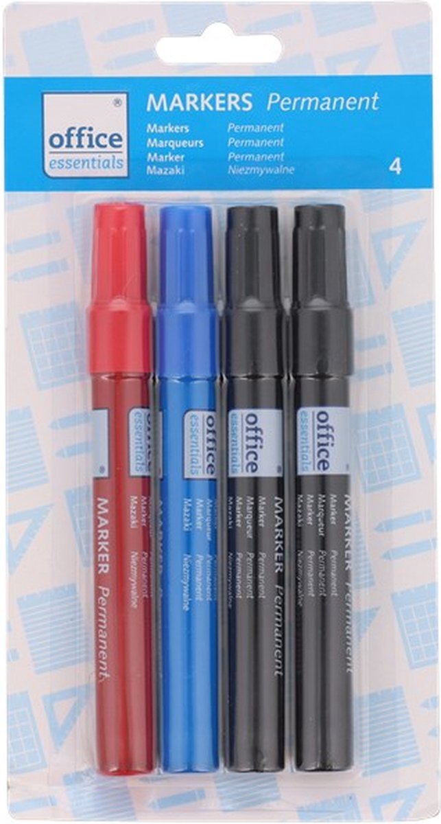 Office Essentials permanent markers | 4 stuks | 1x rood 1x blauw 2x zwart | Kantoor artikelen | Markeerstift | Permanente stift