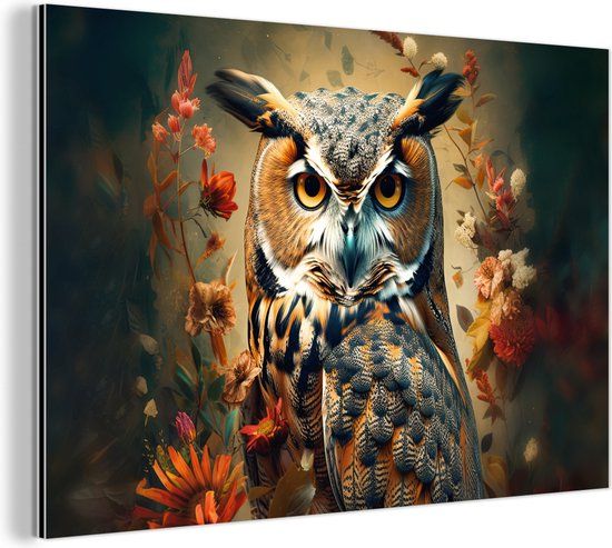 MuchoWow Aluminium Schilderij Industrieel - Uil - Vogel - Bloemen - Planten - Botanisch - 90x60 cm - Dibond - Foto op aluminium - Industriële muurdecoratie - Voor de woonkamer/slaapkamer