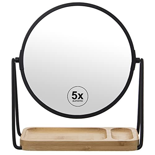 DRW Ronde spiegel met 5-voudige vergroting - Zwart/Natuur - 18 cm