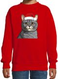 Bellatio Decorations Kersttrui / sweater kat/poes - kinderen - grijze kat/poes - rood - kerstmuts - Kerstmis 134/146