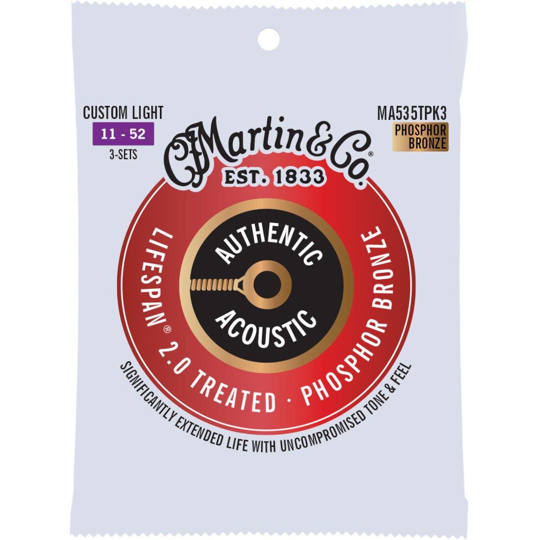 Martin Strings MA535TPK3 Lifespan 2.0 Phosphor Bronze Acoustic Guitar Strings - 3 Pack - Custom Light 11-52