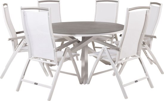 Copacabana tuinmeubelset tafel &#216;140cm en 6 stoel 5posalu Albany wit, grijs, cr&#232;mekleur.