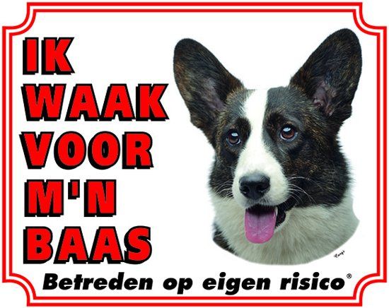 Stickerkoning Welsh Corgi Brindle Waakbord - Ik waak voor