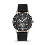 POLICE Vault PEWJC2194240 Chronograaf herenhorloge met zwarte wijzerplaat en zwarte leren band, 44 mm roestvrijstalen behuizing