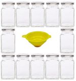12 Viva huishoudelijke artikelen 12 kleine, vierkante inmaakpotten, jampotten, voorraadpotten, kruidenpotjes met draaisluiting, 260 ml, met zilveren deksel, incl. een vultrechter