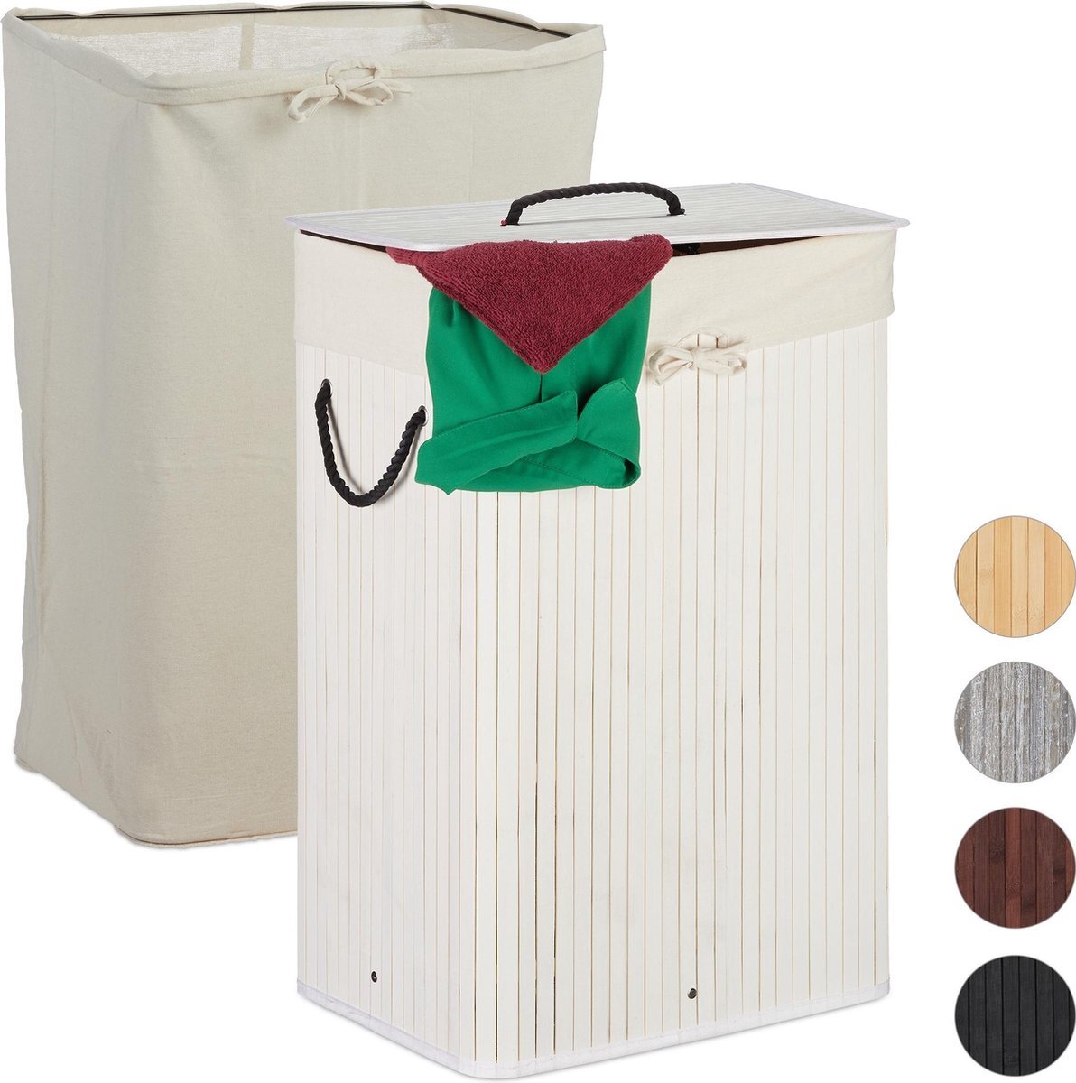 Relaxdays wasmand bamboe - wasbox - met deksel - mand voor wasgoed - opvouwbaar - waszak wit