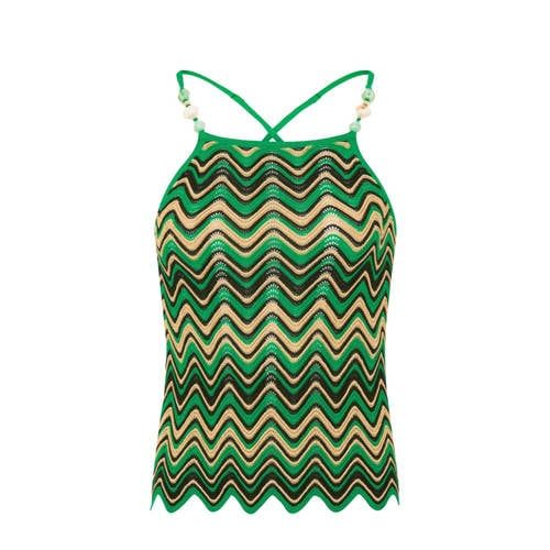 Morgan knitted top with all-over print and ruffles green/beige