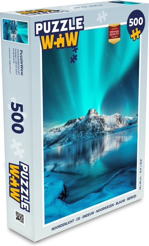 MuchoWow Puzzel Noorderlicht - IJs - Sneeuw - Noorwegen - Blauw - Bergen - Legpuzzel - Puzzel 500 stukjes - Sinterklaas cadeautjes - Sinterklaas voor grote kinderen