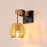 Comely Vintage Binnenwandlamp, Boho Wandlamp met Schakelaar, Houten Kooi Rotan Muurlamp E27 voor Bedside, Woonkamer, Slaapkamer, Gang (Excl. Lamp)