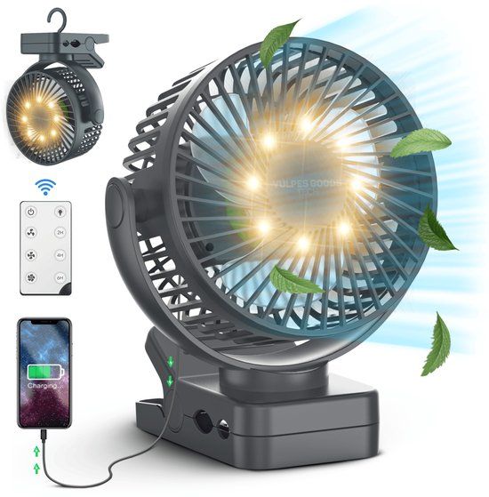 Vulpes Goods® Tech - Mini USB Ventilator PRO - Oplaadbare Tafelventilator - Stille Mini Fan met Afstandsbediening - Handventilator - Klein, Stil & Geruisloos - 5 Snelheden & Verlichting - 12000 mAh & Powerbank functie - Premium Zwart