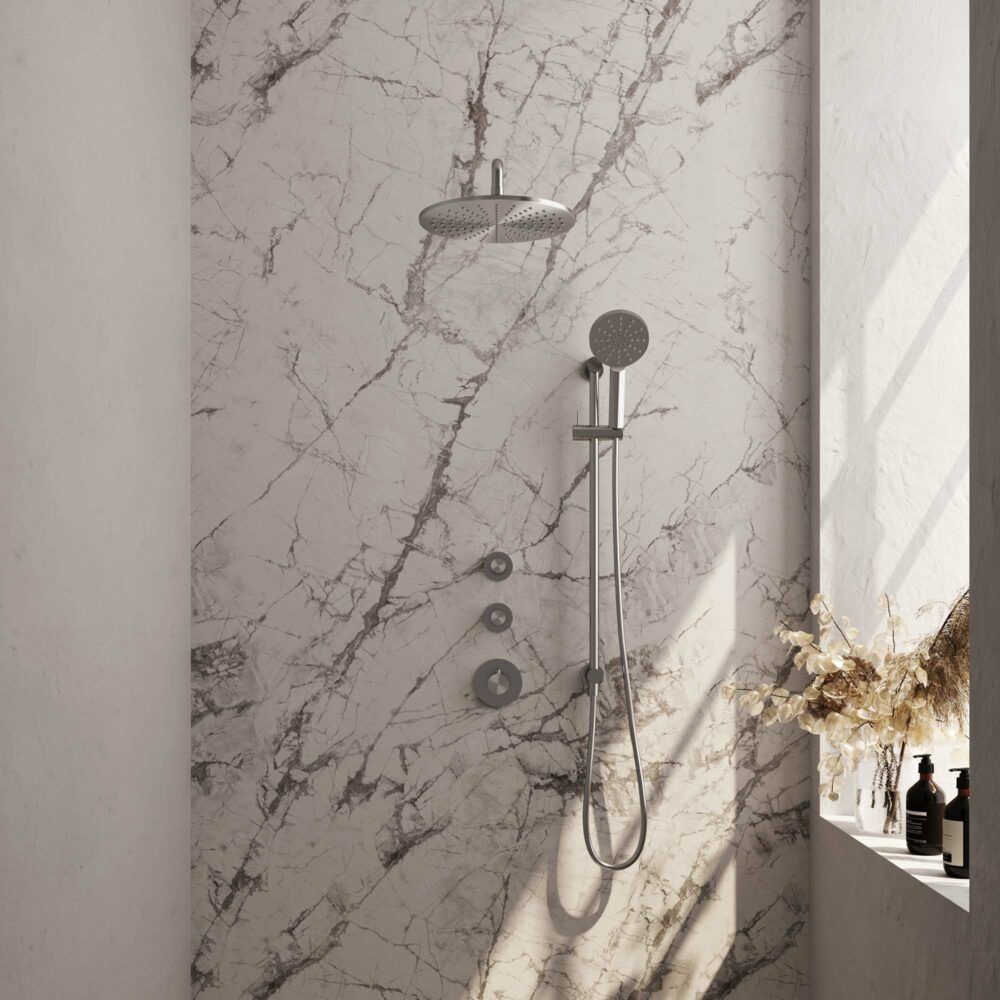 Brauer Brushed Carving thermostatische inbouw regendoucheset 40cm gebogen wandarm met 30cm ronde hoofddouche 3 standen ronde handdouche RVS geborsteld PVD 5-NG-118