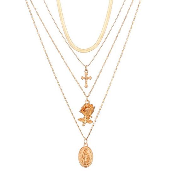 LGT JWLS Gelaagde dames ketting goudkleurig Kruis Roos Munt