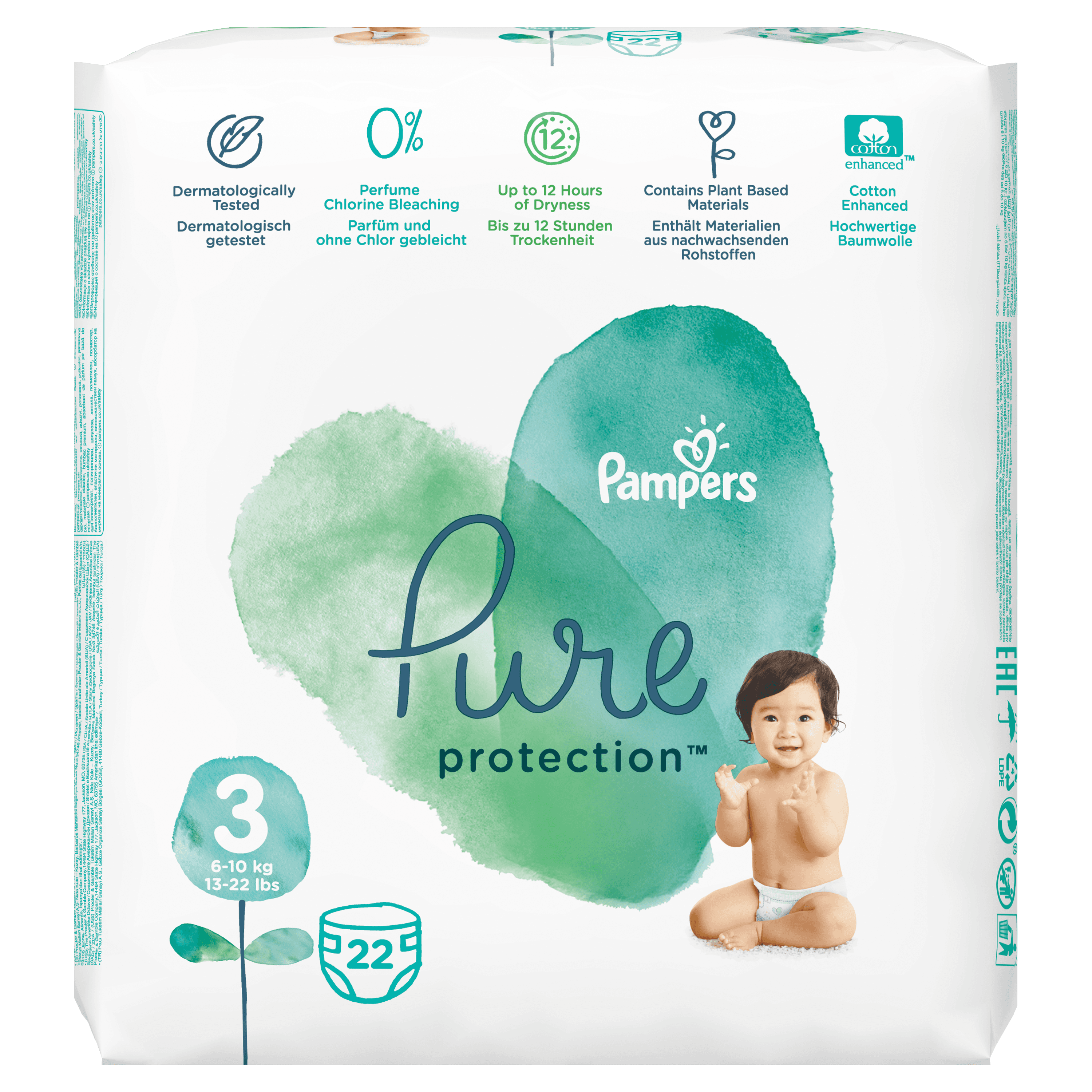 Pampers Pure Protection Maat 3, 22 Luiers, 6-10kg Meerkleurig