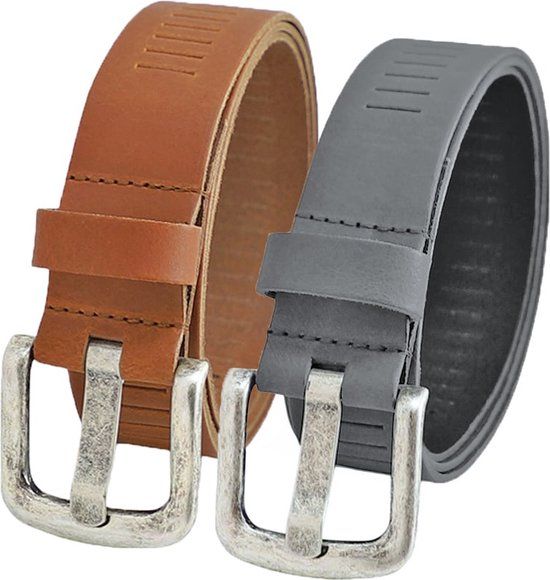Landley Leren Geperforeerde Riemen Voordeelset - 2 Riemen - 4 cm Breed - Unisex - Leer - Cognac & Grijs - 85 cm