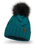 Vivisence Dames Wintermuts - Modieuze Steek Met Zacht Breisel Pompon Van Imitatiebont En Binnenkant Met Fleece - Comfortabele Pasvorm En Warme Bescherming Voor Koude Winterdagen - Donkerturkoois