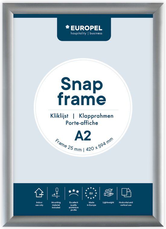 Europel Kliklijst – Posterlijst – A2 – 42 x 59,4 cm – 25mm – Aluminium – Zilver