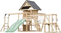 AXI Hunter Speeltoestel met Schommels, Klimrek, Klimbrug en meerdere Platforms – Pastel Groene Dubbele Glijbaan - FSC 100% hout – Speeltoren voor de tuin / buiten