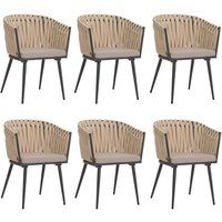 HWC-N38 Set van 6 aluminium eetkamerstoelen met armleuning, Olefin rope weave Touw ~ crème kussen lichtbruin