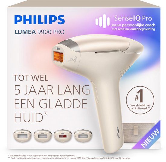 Philips Lumea 9900 Pro IPL Ontharingsapparaat – Tot 5 Jaar Lang een Gladde Huid, Persoonlijke Coach met Realtime Begeleiding en 4 Opzetstukken voor Lichaam, Gezicht, Oksels & Gevoelige Zones, BRC342/00