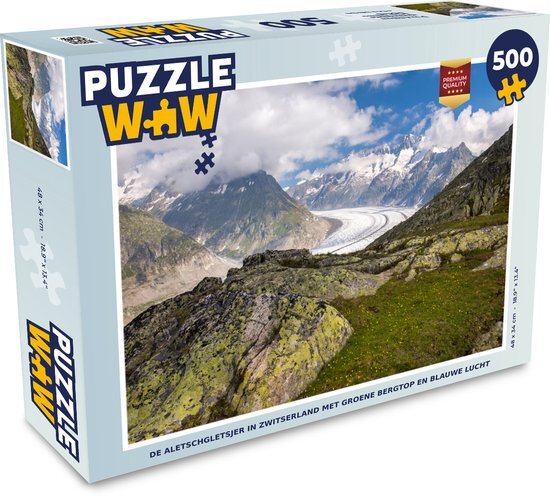 MuchoWow Puzzel De Aletschgletsjer in Zwitserland met groene bergtop en blauwe lucht - Legpuzzel - Puzzel 500 stukjes