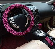3-in-1 Zachte Luipaard Auto Stuurhoes Handremgreep Versnellingspook Kraaghoezen Korte Pluche Warme Winter voor Vrouwen(rood,standaard)