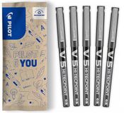 PILOT - Set van 5 V5 - Rollerpen met vloeibare inkt met fijne punt voor soepel en nauwkeurig schrijven - Sneldrogend, lekvrij - Zwart - Fijne punt (0,5mm)