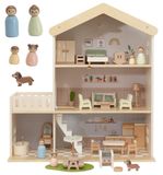 Merkloos Poppenhuis houten - Met meubels en 28 delen - 3 verdiepingen - Vanaf 3 jaar
