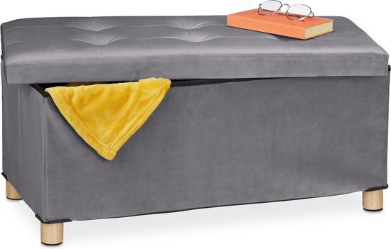 Relaxdays Zitbank met opbergruimte, bekleding, fluwelen bekleding, houten poten, tot 120 kg, opvouwbaar, zitkist HBD 34 x 76 x 38 cm, antraciet