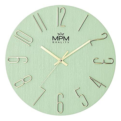 MPM Quality Design wandklok, groen/goud, datumweergave, 3D-cijfers, nauwkeurig kwartsuurwerk, diameter 305 mm, moderne wanddecoratie voor woonkamer, slaapkamer of kantoor